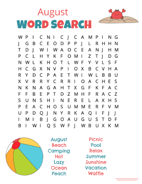 Free Printable August Word Searches 2025 