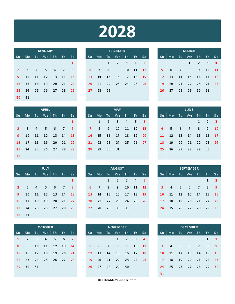 Free Printable Calendar 2028 Word PDF Excel Free Printable Calendar 2028 Word PDF Excel