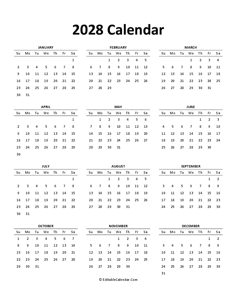 Free Printable Calendar 2028 Word PDF Excel Free Printable Calendar 2028 Word PDF Excel