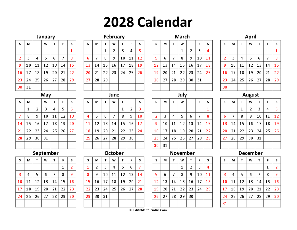Free Printable Calendar 2028 Word PDF Excel