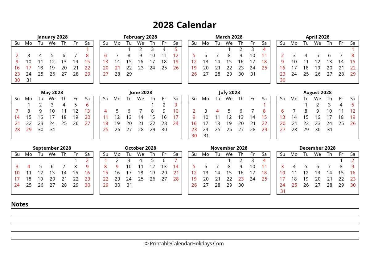 Free Printable Calendar 2028 Word PDF Excel