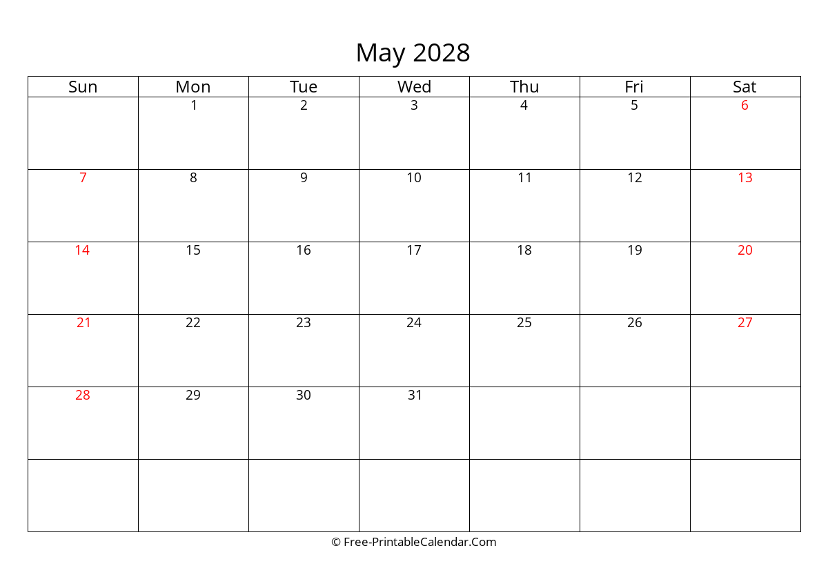 Free Printable Calendar May 2028 Weeks Start On Sunday Free Printable Calendar May 2028 Weeks Start On Sunday