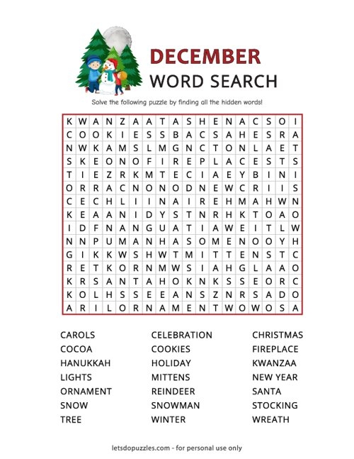 Free Printable December Word Search