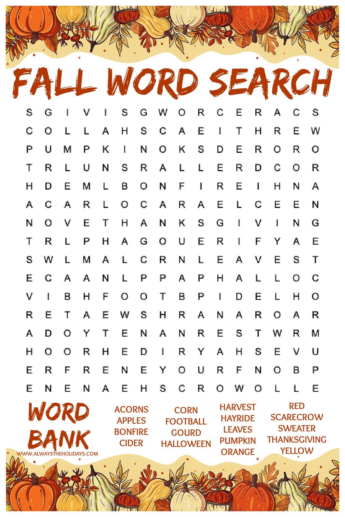 Free Printable Fall Word Searches For Adults Word Search Maker
