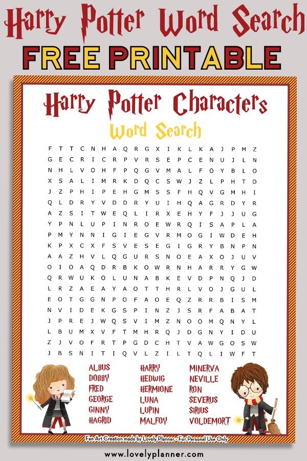 Free Printable Harry Potter Characters Word Search Puzzle Harry