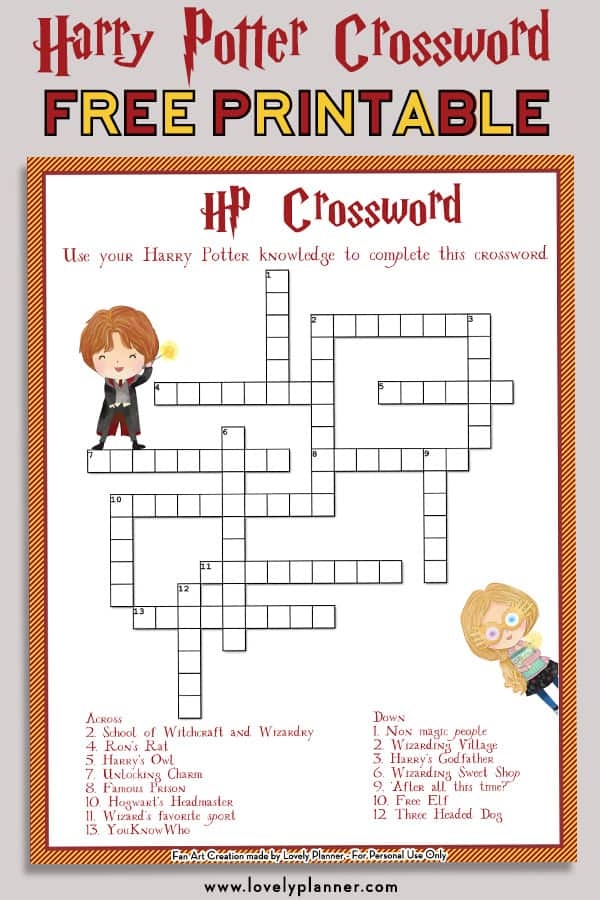 Free Printable Harry Potter Crossword Puzzle Lovely Planner