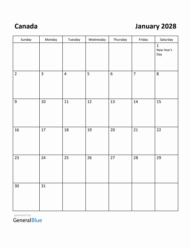 Free Printable January 2028 Calendar For Canada Free Printable January 2028 Calendar For Canada