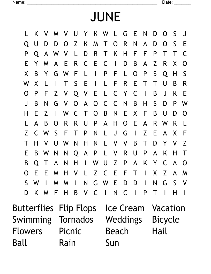 Free Printable June Word Search Word Search Maker