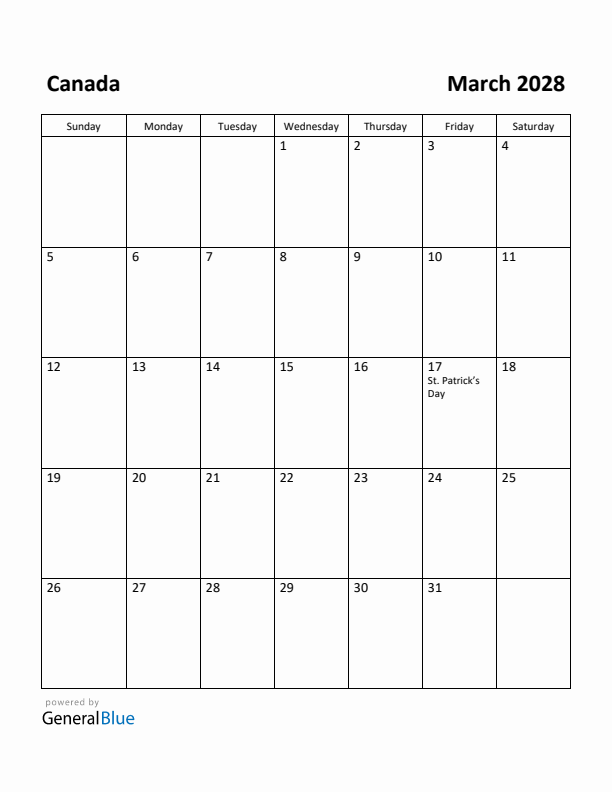 Free Printable March 2028 Calendar For Canada
