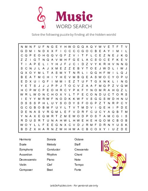 Free Printable Music Word Search Puzzle