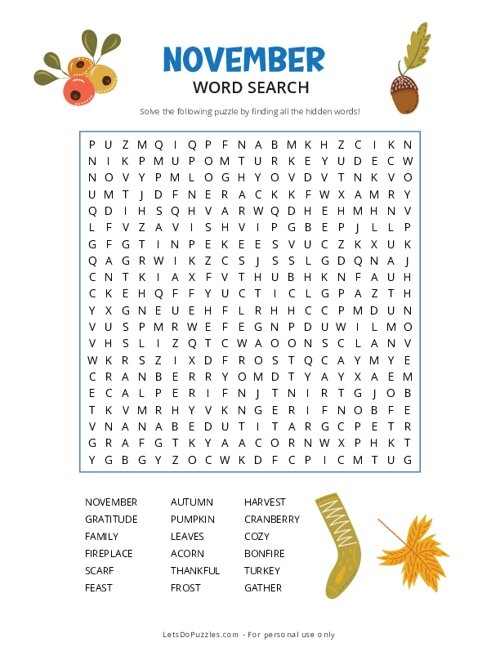 Free Printable November Word Search