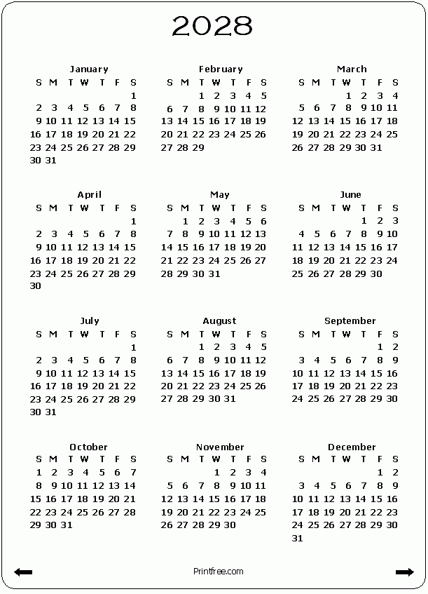 Free Printable Yearly Calendar 2028 One Page Calendar Free Printable Yearly Calendar 2028 One Page Calendar