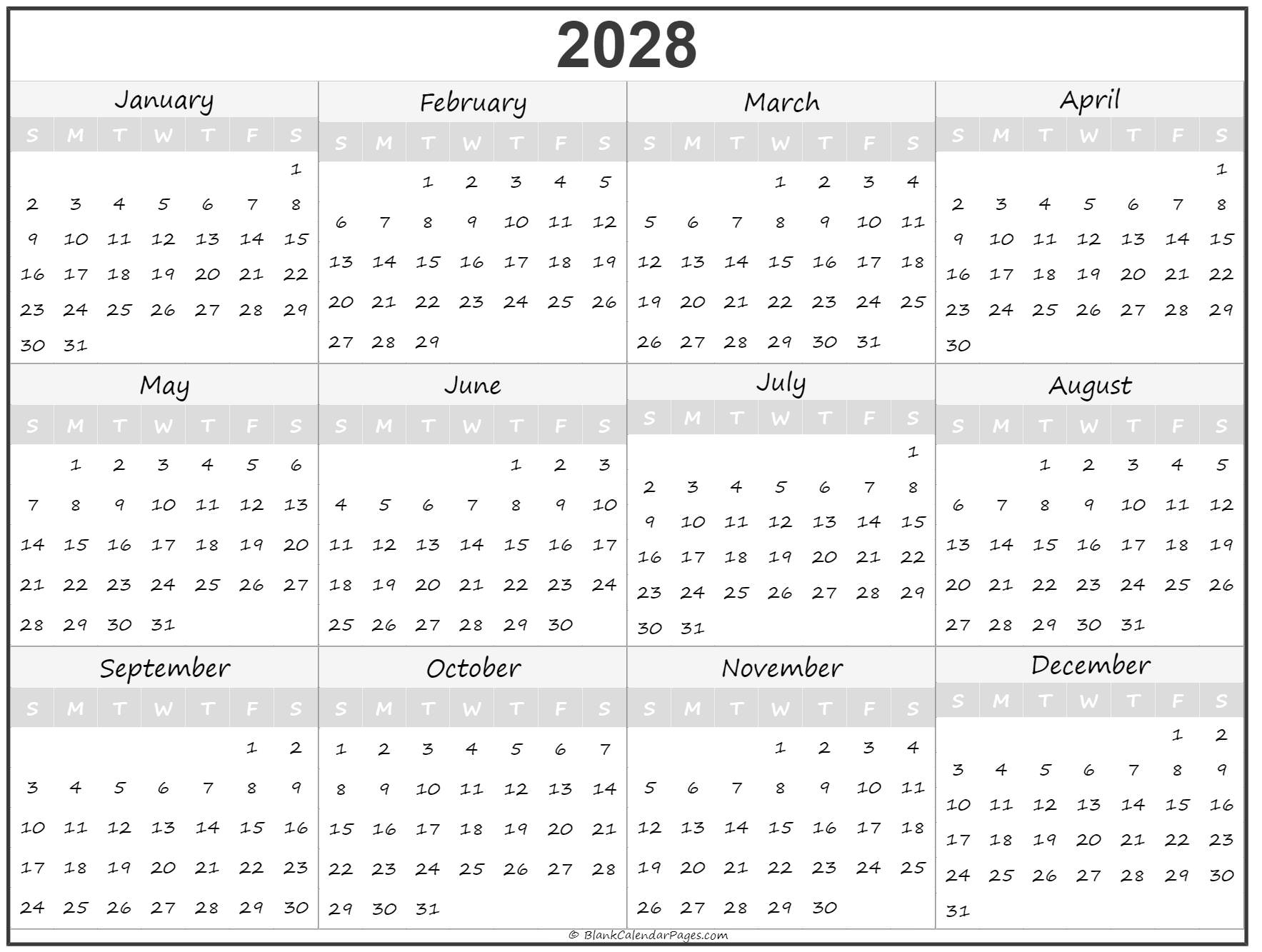 Free Printable Yearly Calendar 2028 One Page Calendar 