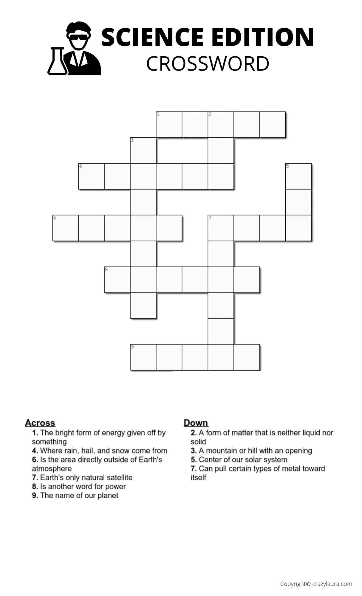 Free Science Crossword Printable Game Sheets Crazy Laura Free Science Crossword Printable Game Sheets Crazy Laura