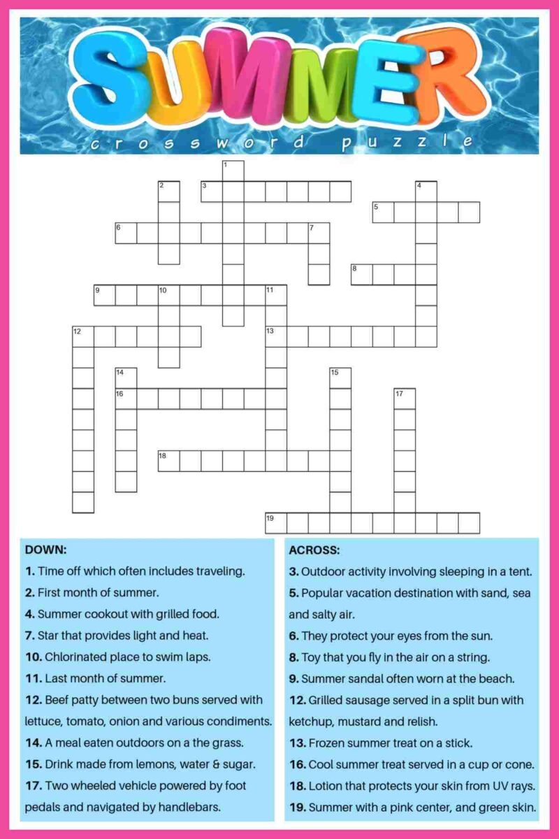 Free Summer Crossword Puzzle 2 Versions Answers Included
