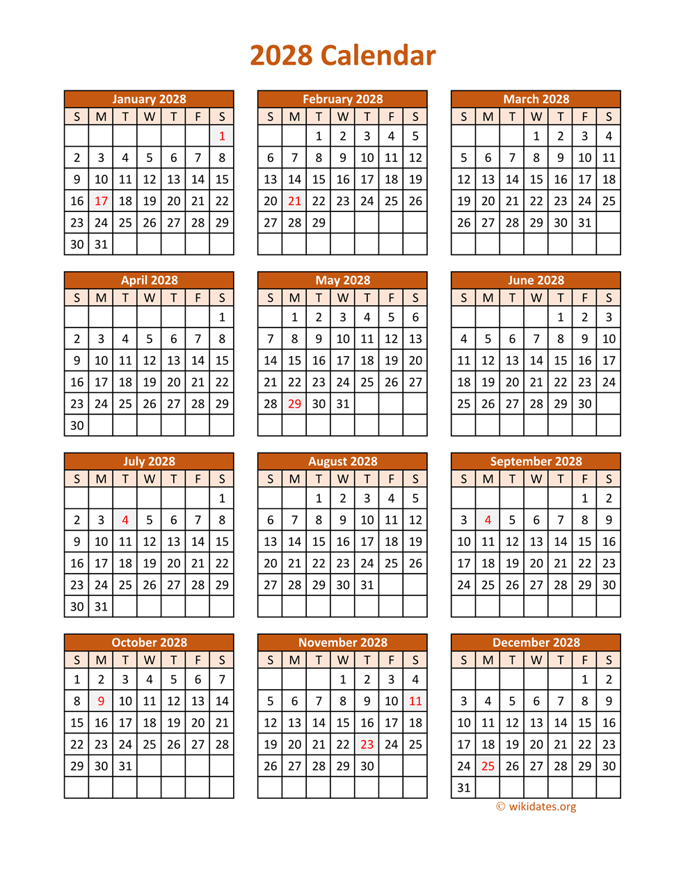 Full Year 2028 Calendar On One Page WikiDates