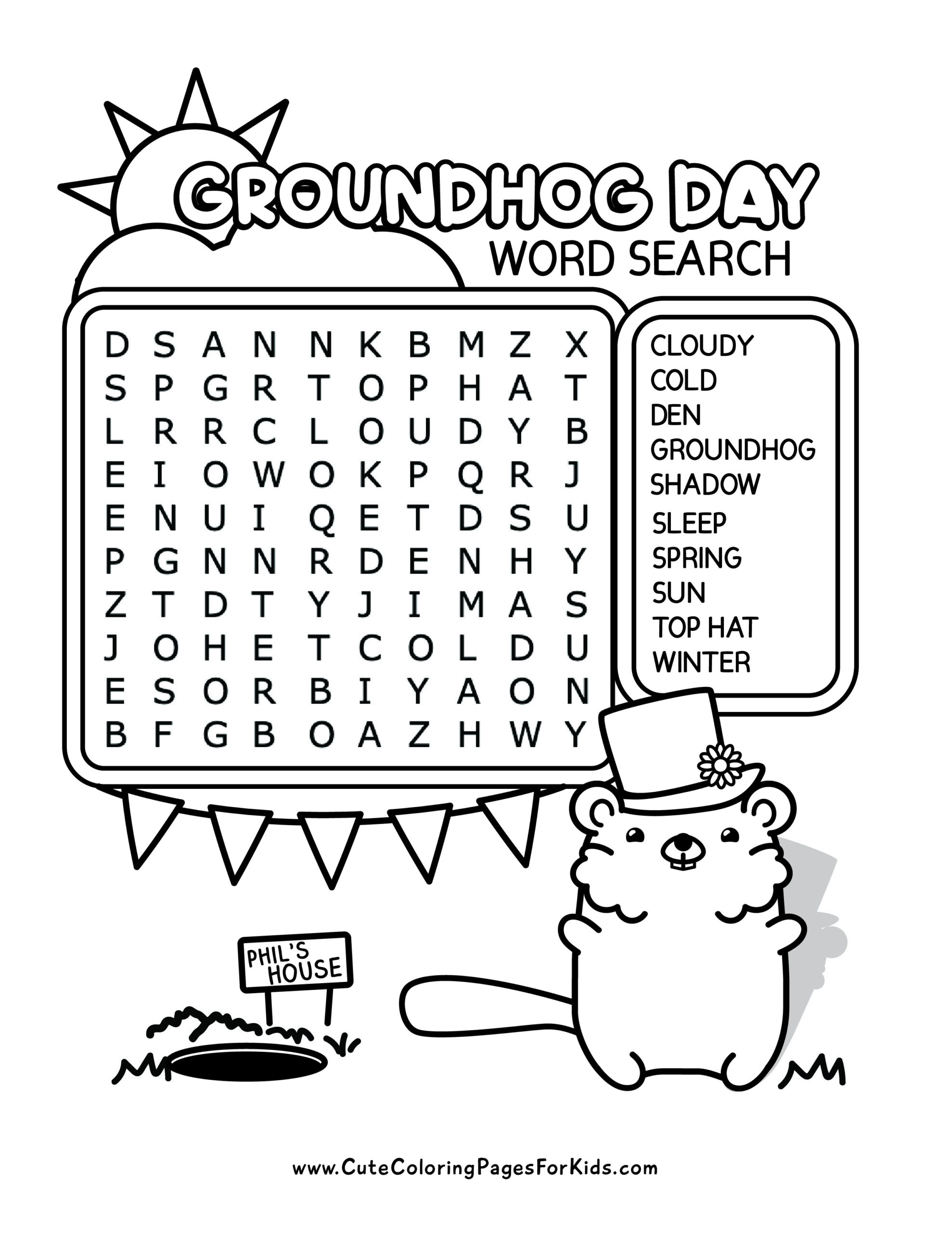 Groundhog Day Word Search For Kids Free Printable PDF Cute Coloring 
