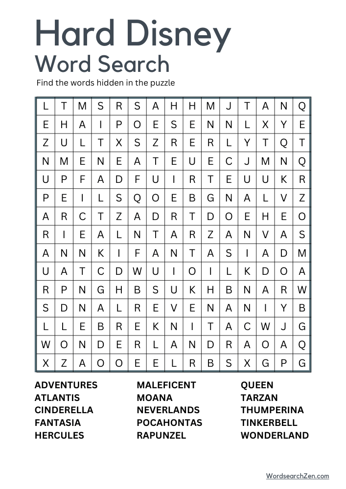Hard Disney Word Search Free Printable PDF File WordsearchZen