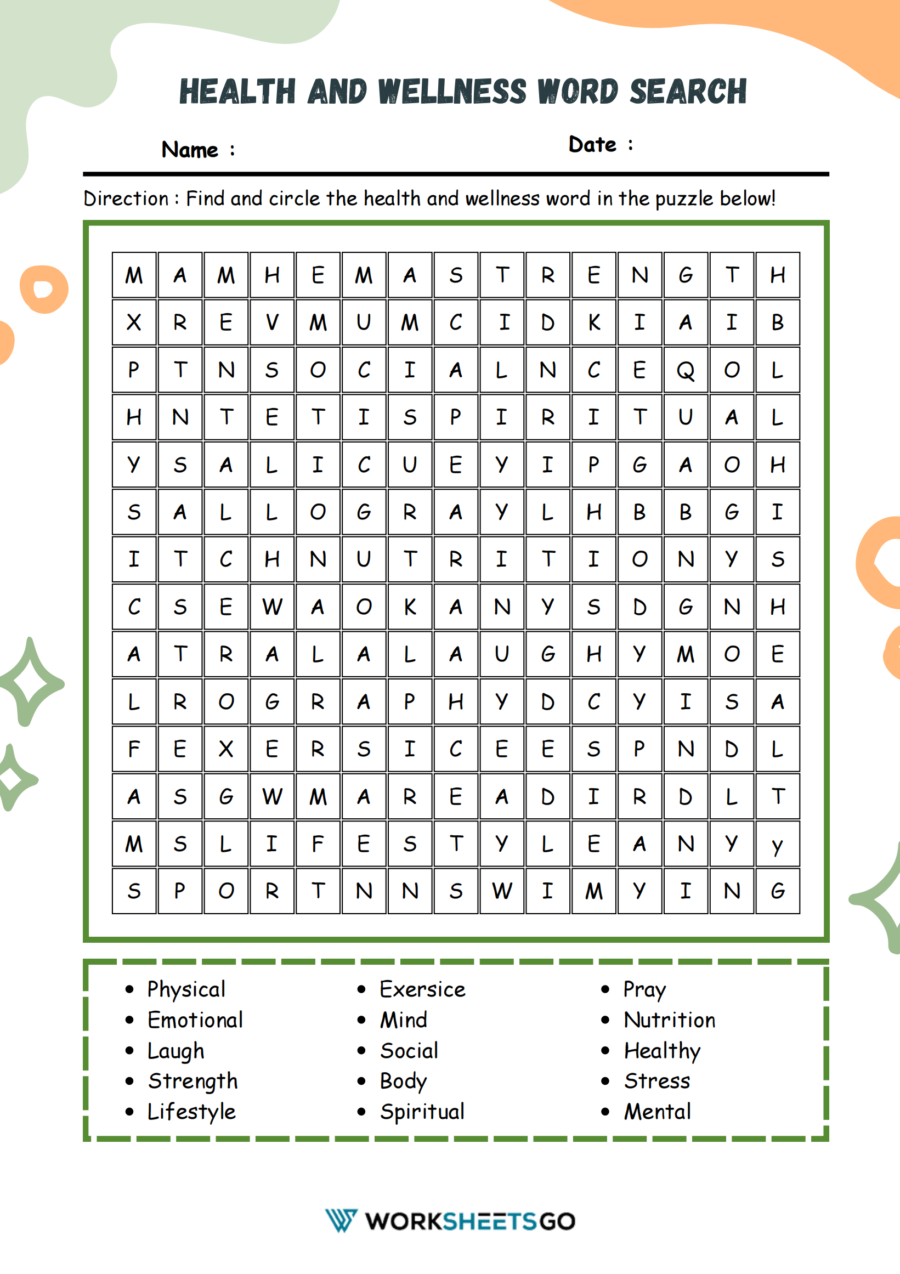 Health And Wellness Word Search Printable Health Wordsearch TPT