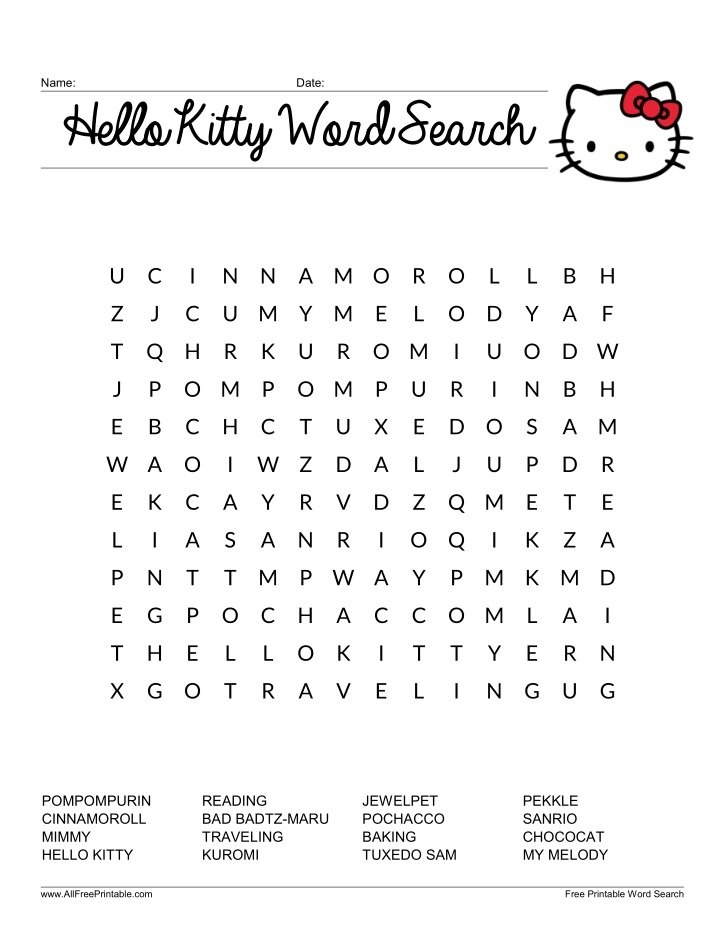 Hello Kitty Word Search Free Printable