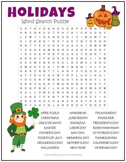 Holidays Word Search Puzzle Print It Free
