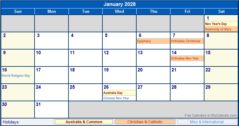 January 2028 Australia Calendar With Holidays For Printing image Format January 2028 Australia Calendar With Holidays For Printing image Format
