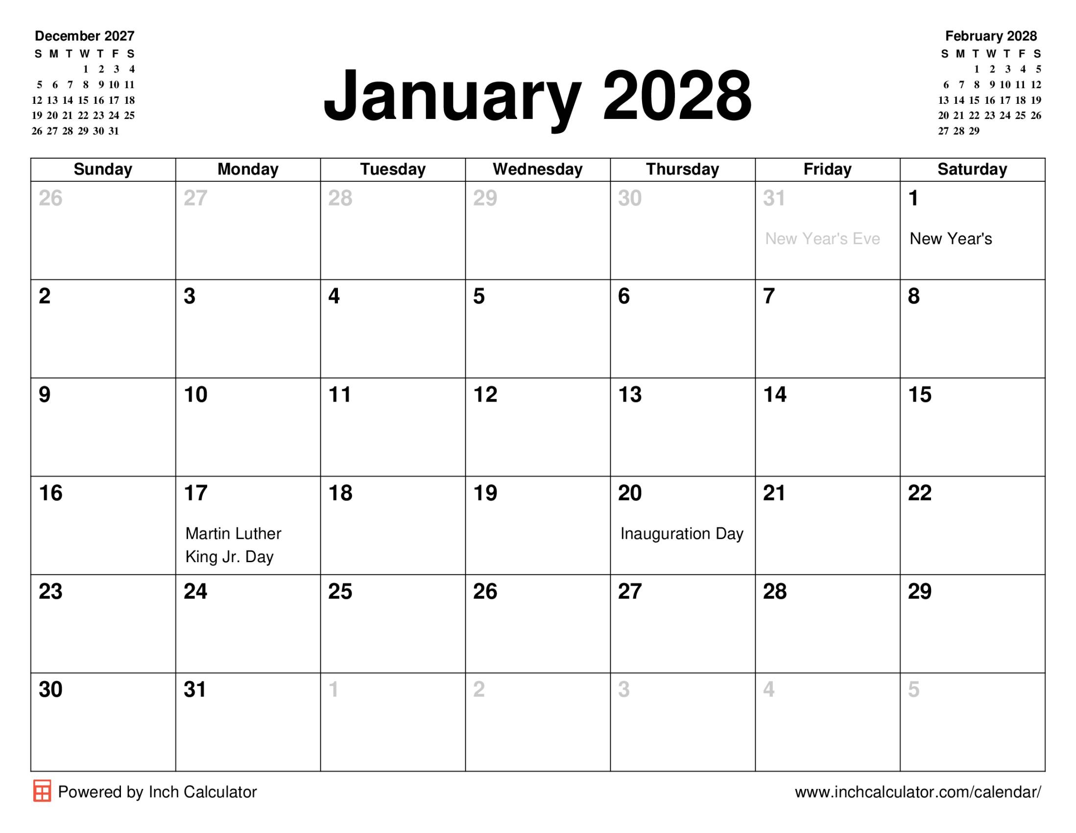 January 2028 Calendar Inch Calculator January 2028 Calendar Inch Calculator