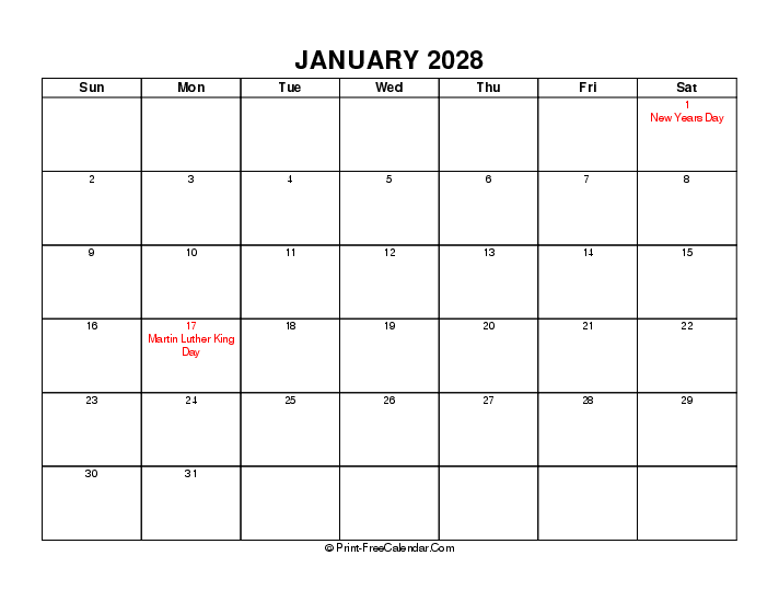 January 2028 Calendars With USA Holidays Word PDF Excel