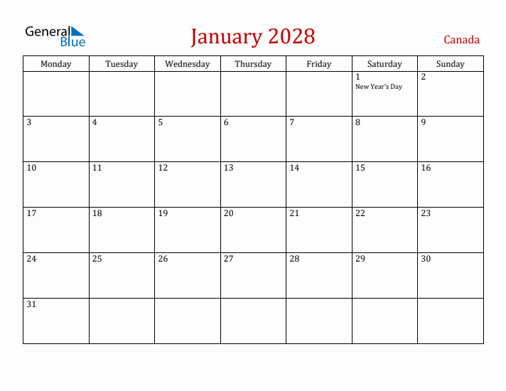 January 2028 Canada Monthly Calendar With Holidays