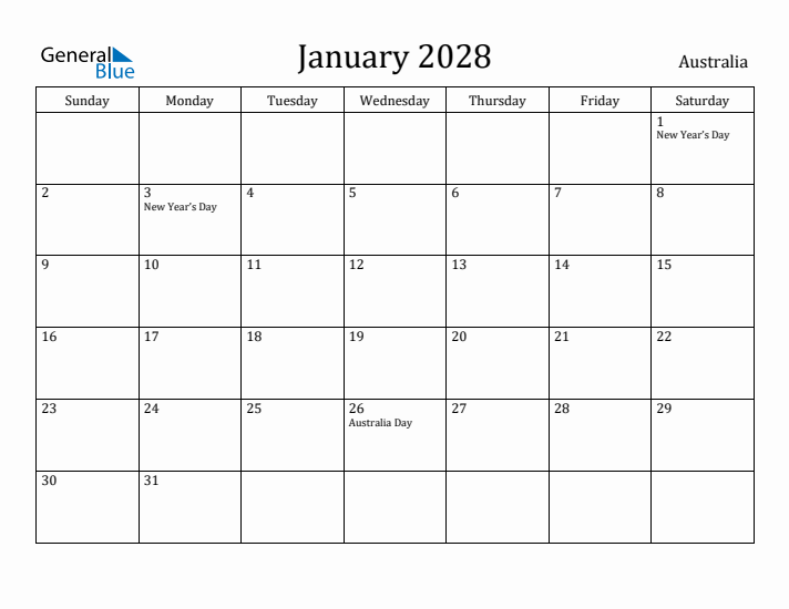January 2028 Monthly Calendars With Australia Holidays