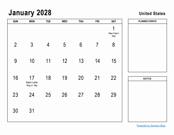 January 2028 Monthly Calendars With United States Holidays
