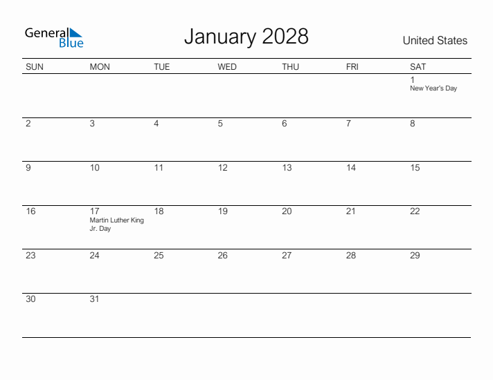 January 2028 Monthly Calendars With United States Holidays January 2028 Monthly Calendars With United States Holidays