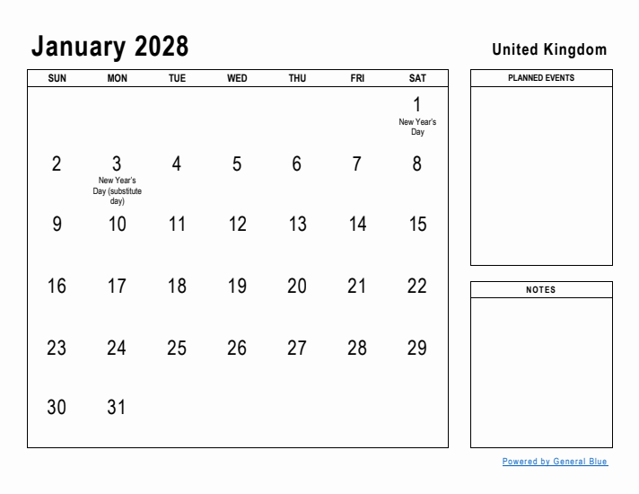 January 2028 Planner With United Kingdom Holidays January 2028 Planner With United Kingdom Holidays