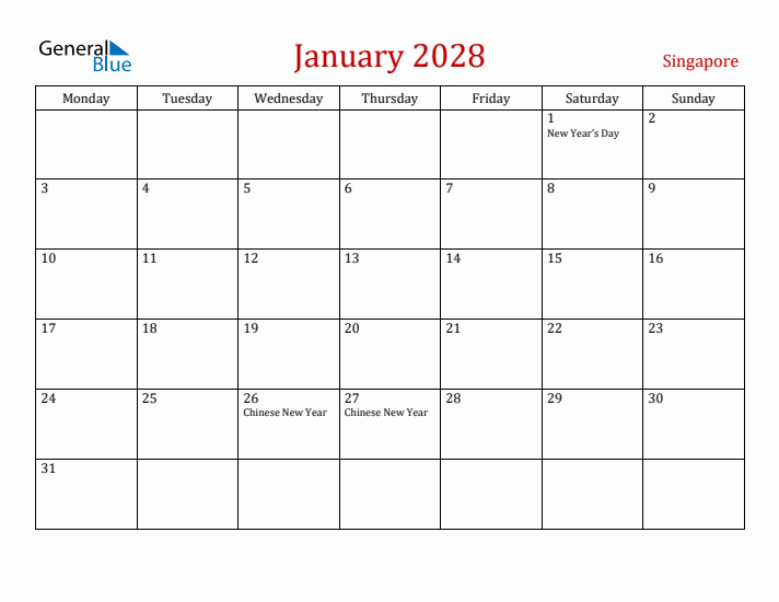 January 2028 Singapore Monthly Calendar With Holidays Monday Start