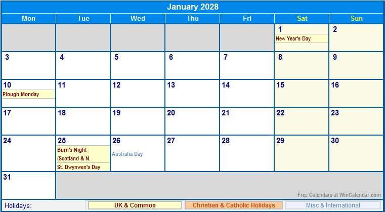 January 2028 UK Calendar With Holidays For Printing image Format