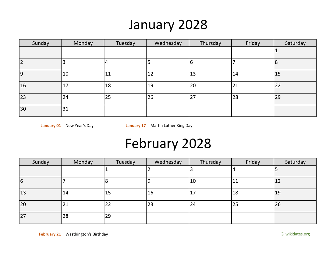 January And February 2028 Calendar WikiDates