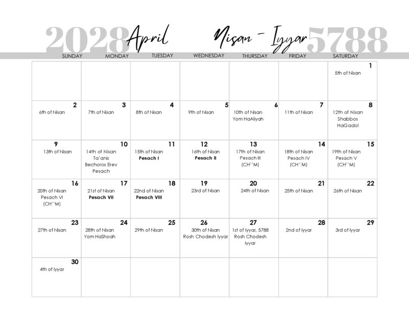 Jewish Calendars 2026 2027 2028 2029 2030