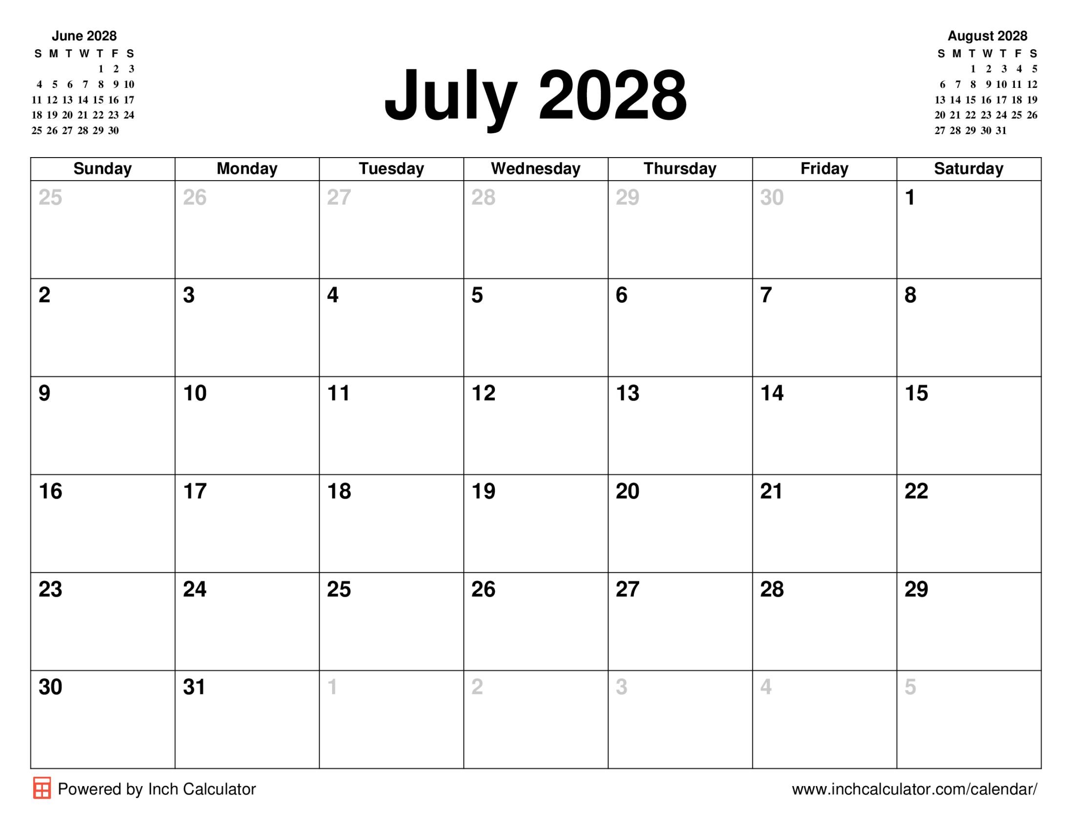 July 2028 Calendar Inch Calculator