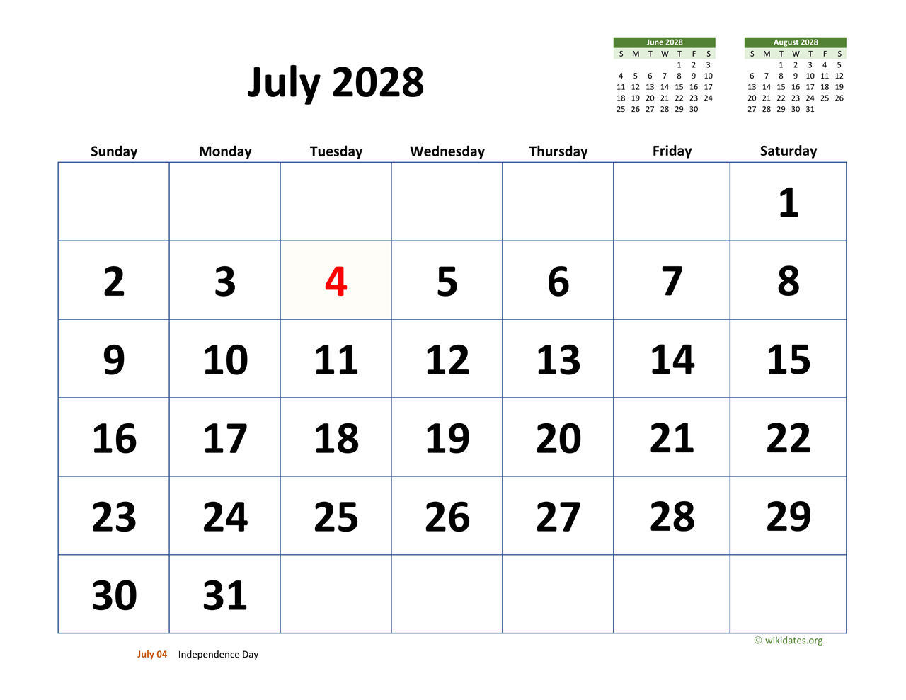 July 2028 Calendar With Extra large Dates WikiDates