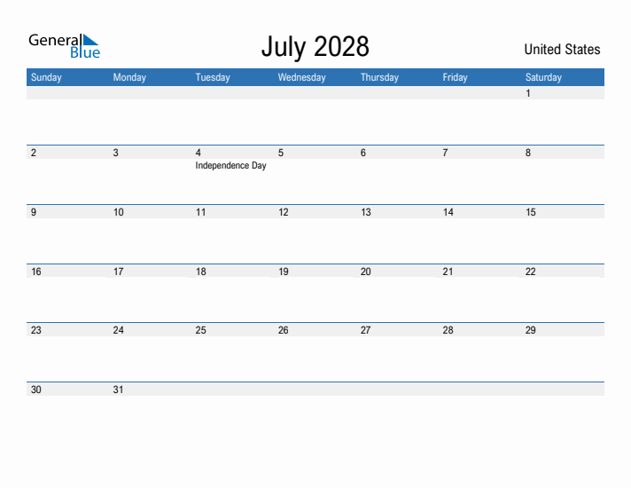 July 2028 Monthly Calendar With United States Holidays