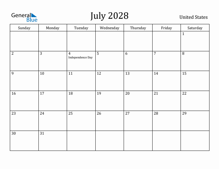 July 2028 Monthly Calendars With United States Holidays