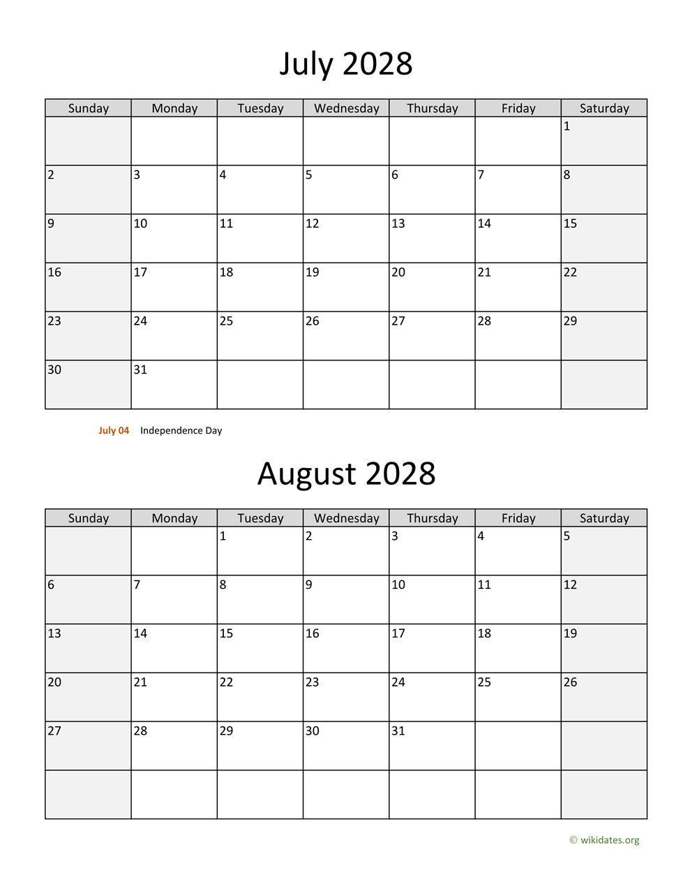 July And August 2028 Calendar WikiDates