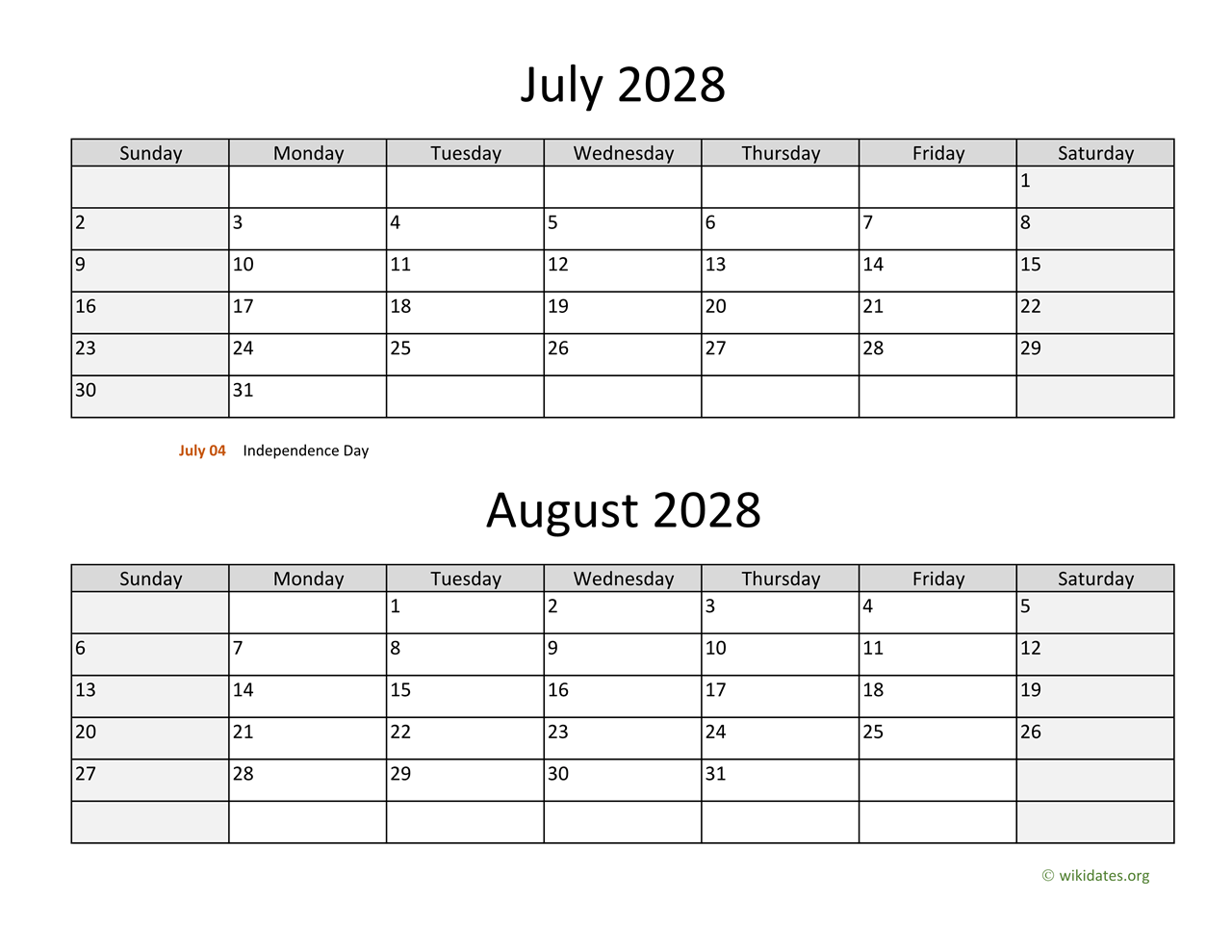 July And August 2028 Calendar WikiDates
