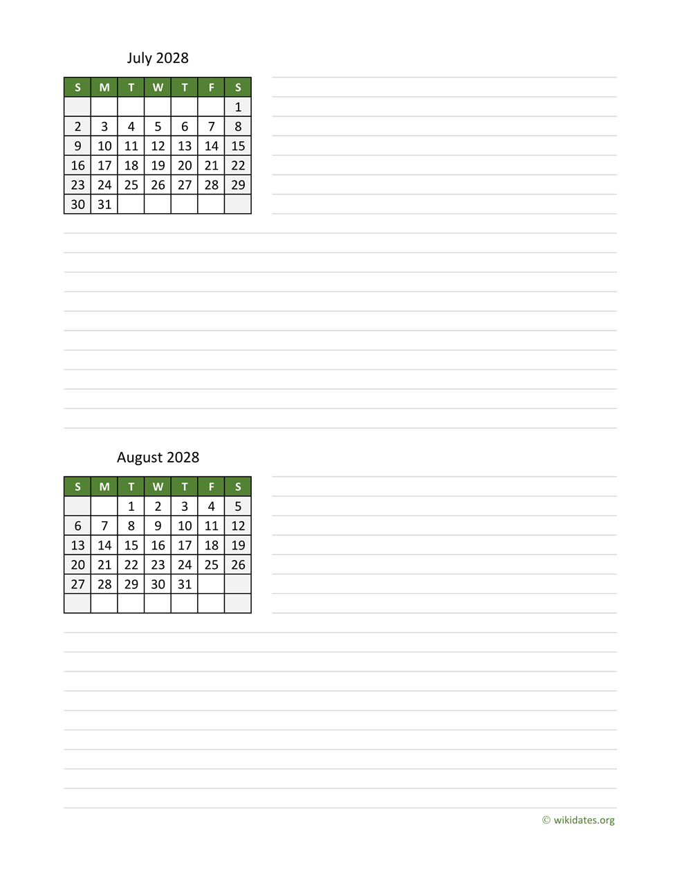 July And August 2028 Calendar WikiDates