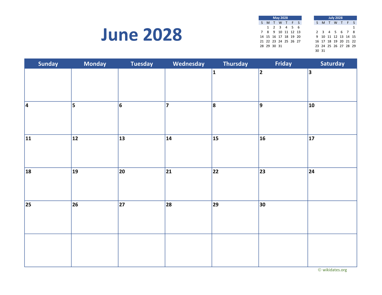 June 2028 Calendar Classic WikiDates
