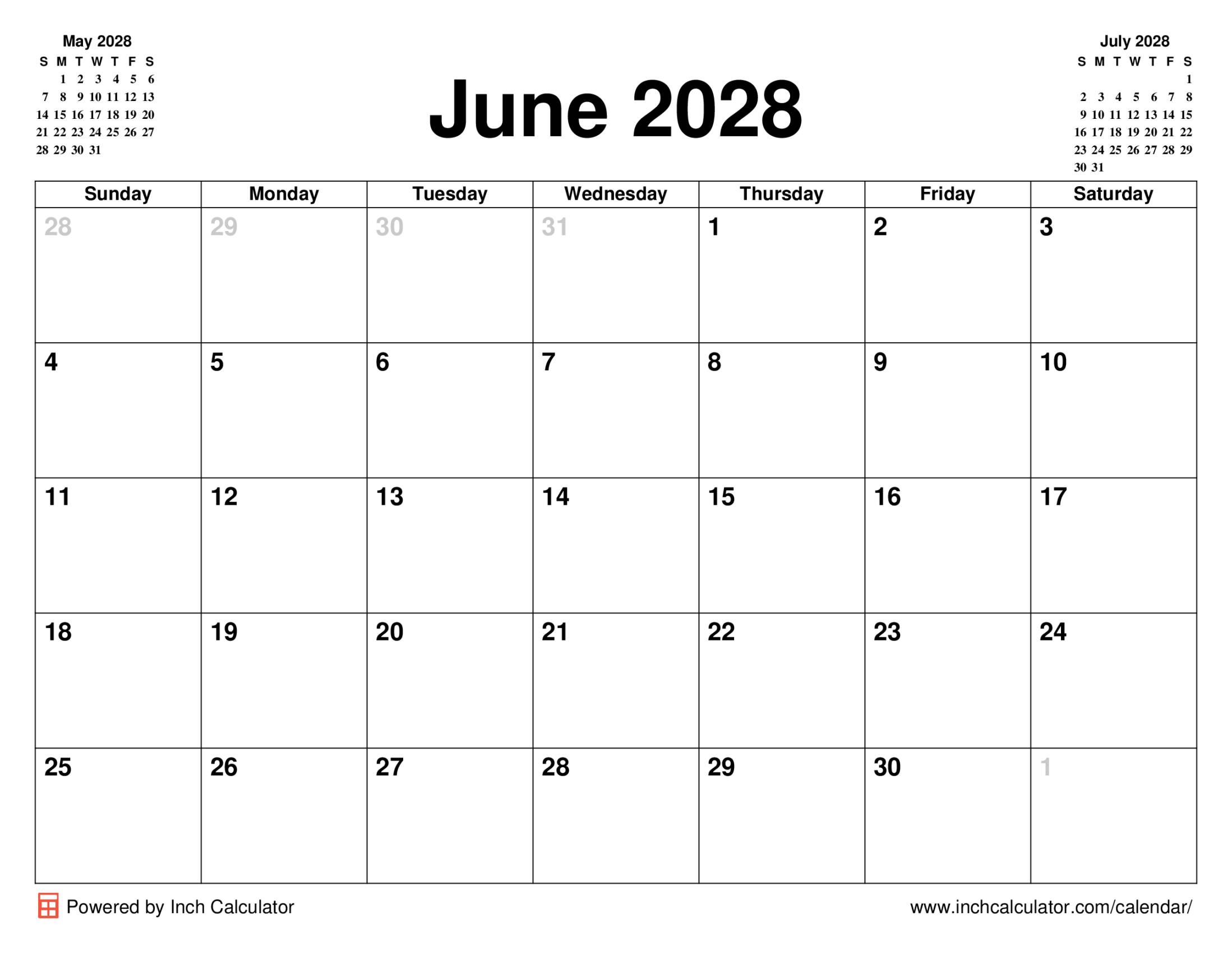June 2028 Calendar Inch Calculator June 2028 Calendar Inch Calculator
