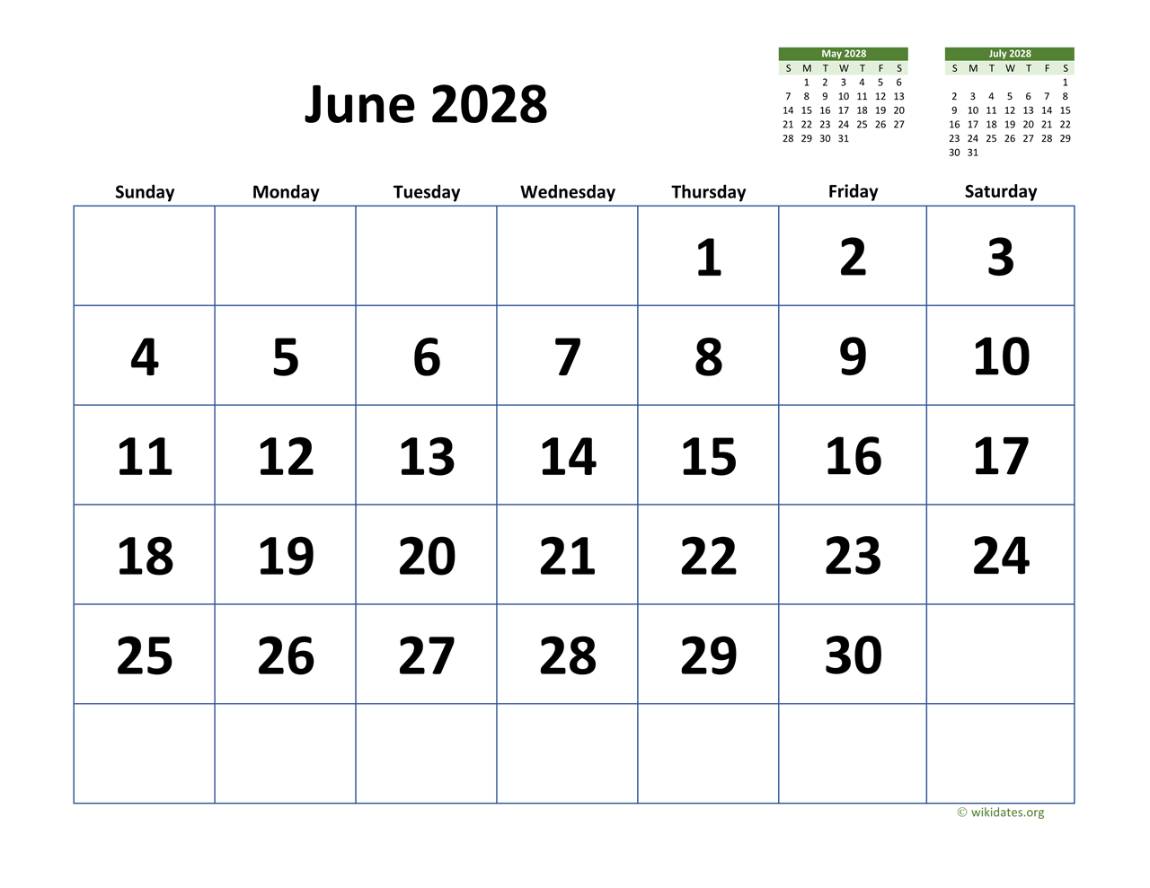 June 2028 Calendar With Extra large Dates WikiDates