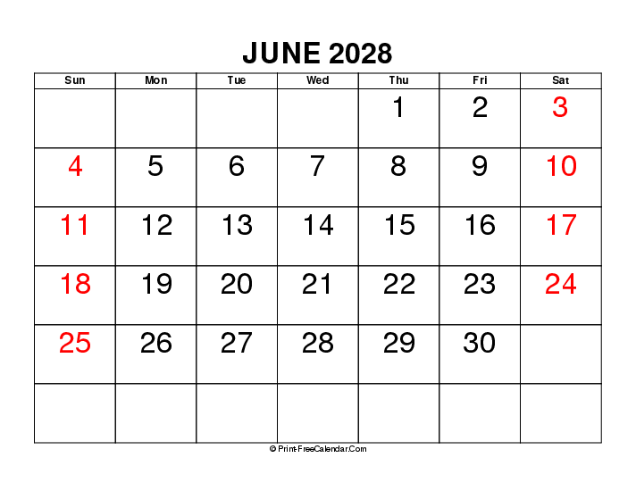 June 2028 Calendars With USA Holidays Word PDF Excel 