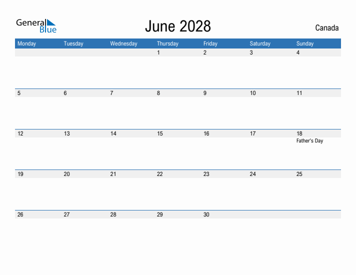 June 2028 Canada Monthly Calendar With Holidays