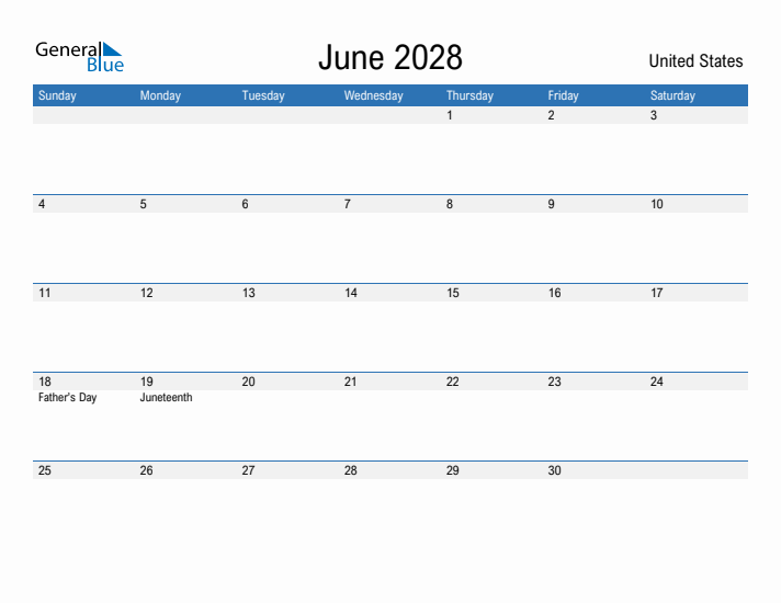 June 2028 Monthly Calendars With United States Holidays